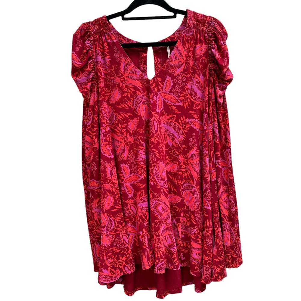 Free People Women’s Tunic Top Dress Long Shirt Floral Mini Scarlet Red Bohemian